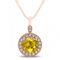 Round Yellow Sapphire & Diamond Halo Pendant Necklace 14k Rose Gold (2.30ct)