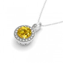 Round Yellow Sapphire & Diamond Halo Pendant Necklace 14k White Gold (2.30ct)