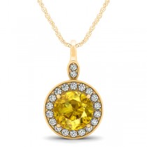 Round Yellow Sapphire & Diamond Halo Pendant Necklace 14k Round Yellow Gold (2.30ct)