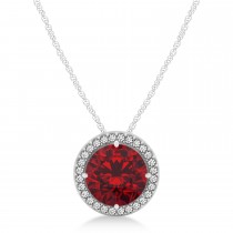 Lab Ruby Floating Solitaire Halo Pendant Necklace 14k White Gold (2.04ct)