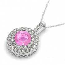 Pink Sapphire & Diamond Drop Double Halo Pendant  14k White Gold (2.16ct)
