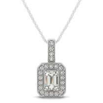 Emerald-Cut Diamond Drop Halo Pendant Necklace 14k White Gold (0.90ct)