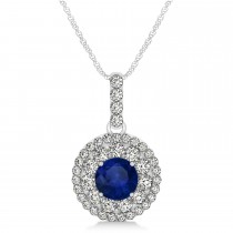 Round Double Halo Diamond & Blue Sapphire Pendant 14k White Gold 1.46ct