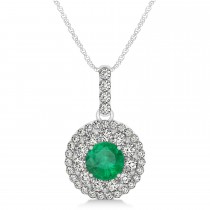Round Double Halo Diamond & Emerald Pendant 14k White Gold 1.32ct