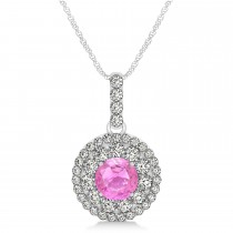 Round Double Halo Diamond & Pink Sapphire Pendant 14k White Gold 1.46ct