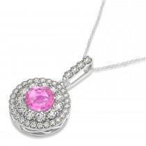 Round Double Halo Diamond & Pink Sapphire Pendant 14k White Gold 1.46ct