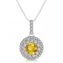 Round Double Halo Diamond & Yellow Sapphire Pendant 14k White Gold 1.46ct
