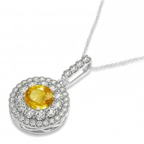 Round Double Halo Diamond & Yellow Sapphire Pendant 14k White Gold 1.46ct