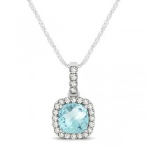 Aquamarine & Diamond Halo Cushion Pendant Necklace 14k White Gold (0.66ct)