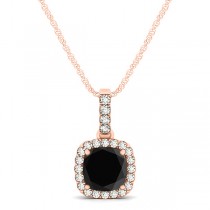 Black Diamond & Diamond Halo Cushion Pendant Necklace 14k Rose Gold (0.62ct)