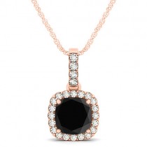 Black Diamond & Diamond Halo Cushion Pendant Necklace 14k Rose Gold (1.49ct)