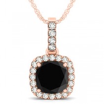 Black Diamond & Diamond Halo Cushion Pendant Necklace 14k Rose Gold (3.00ct)