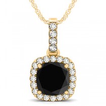 Black Diamond & Diamond Halo Cushion Pendant Necklace 14k Yellow Gold (3.00ct)