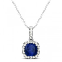 Blue Sapphire & Diamond Halo Cushion Pendant Necklace 14k White Gold (0.85ct)