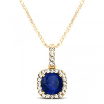 Blue Sapphire & Diamond Halo Cushion Pendant Necklace 14k Yellow Gold (0.85ct)