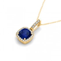 Blue Sapphire & Diamond Halo Cushion Pendant Necklace 14k Yellow Gold (1.94ct)