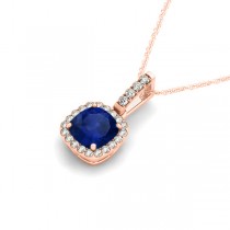 Blue Sapphire & Diamond Halo Cushion Pendant Necklace 14k Rose Gold (4.05ct)