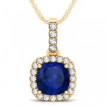 Blue Sapphire & Diamond Halo Cushion Pendant Necklace 14k Yellow Gold (4.05ct)