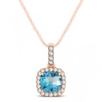 Blue Topaz & Diamond Halo Cushion Pendant Necklace 14k Rose Gold (0.78ct)