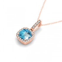 Blue Topaz & Diamond Halo Cushion Pendant Necklace 14k Rose Gold (0.78ct)