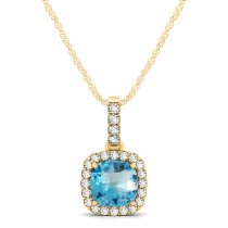 Blue Topaz & Diamond Halo Cushion Pendant Necklace 14k Yellow Gold (0.78ct)