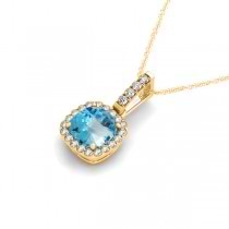 Blue Topaz & Diamond Halo Cushion Pendant Necklace 14k Yellow Gold (1.96ct)