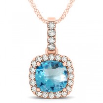 Blue Topaz & Diamond Halo Cushion Pendant Necklace 14k Rose Gold (4.05ct)