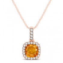 Citrine & Diamond Halo Cushion Pendant Necklace 14k Rose Gold (0.61ct)