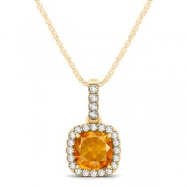Citrine & Diamond Halo Cushion Pendant Necklace 14k Yellow Gold (0.61ct)