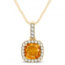 Citrine & Diamond Halo Cushion Pendant Necklace 14k Yellow Gold (1.56ct)