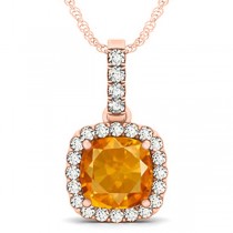 Citrine & Diamond Halo Cushion Pendant Necklace 14k Rose Gold (4.05ct)