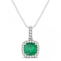 Emerald & Diamond Halo Cushion Pendant Necklace 14k White Gold (0.66ct)