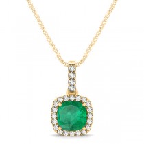 Emerald & Diamond Halo Cushion Pendant Necklace 14k Yellow Gold (0.66ct)
