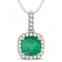 Emerald & Diamond Halo Cushion Pendant Necklace 14k White Gold (4.05ct)