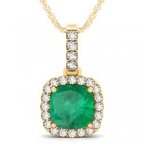 Emerald & Diamond Halo Cushion Pendant Necklace 14k Yellow Gold (4.05ct)