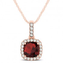 Garnet & Diamond Halo Cushion Pendant Necklace 14k Rose Gold (1.94ct)