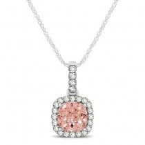 Pink Morganite & Diamond Halo Cushion Pendant Necklace 14k White Gold (0.76ct)