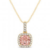 Pink Morganite & Diamond Halo Cushion Pendant Necklace 14k Yellow Gold (0.76ct)