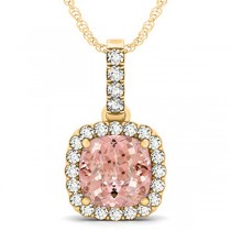 Pink Morganite & Diamond Halo Cushion Pendant Necklace 14k Yellow Gold (4.05ct)