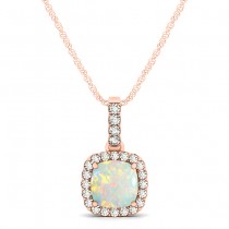 Opal & Diamond Halo Cushion Pendant Necklace 14k Rose Gold (0.71ct)