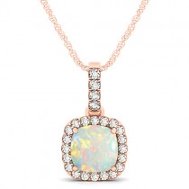 Opal & Diamond Halo Cushion Pendant Necklace 14k Rose Gold (1.55ct)