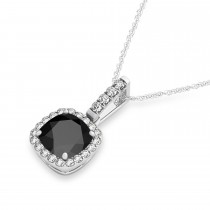 Black Onyx & Diamond Halo Cushion Pendant Necklace 14k White Gold (0.66ct)