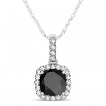 Black Onyx & Diamond Halo Cushion Pendant Necklace 14k White Gold (1.66ct)