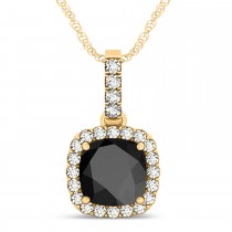 Black Onyx & Diamond Halo Cushion Pendant Necklace 14k Yellow Gold (4.05ct)