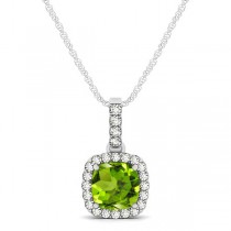 Peridot & Diamond Halo Cushion Pendant Necklace 14k White Gold (0.75ct)