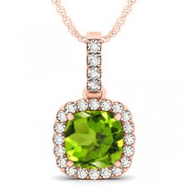 Peridot & Diamond Halo Cushion Pendant Necklace 14k Rose Gold (4.05ct)