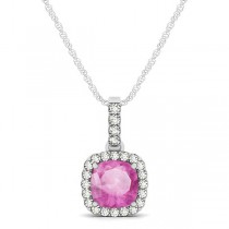 Pink Sapphire & Diamond Halo Cushion Pendant Necklace 14k White Gold (0.85ct)