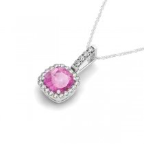 Pink Sapphire & Diamond Halo Cushion Pendant Necklace 14k White Gold (1.94ct)