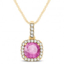 Pink Sapphire & Diamond Halo Cushion Pendant Necklace 14k Yellow Gold (1.94ct)