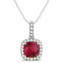 Ruby & Diamond Halo Cushion Pendant Necklace 14k White Gold (1.94ct)